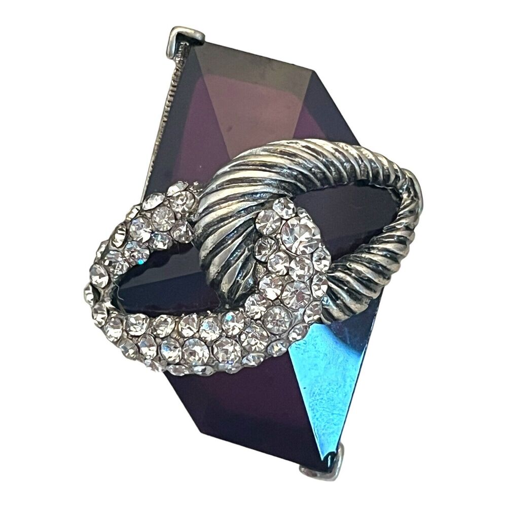 Statement Stretch Ring Antique Silver Tone Purple Clear Crystals - 5H